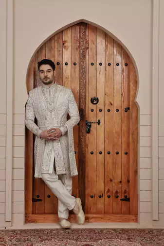 Beige computer thread work on art silk sherwani for men