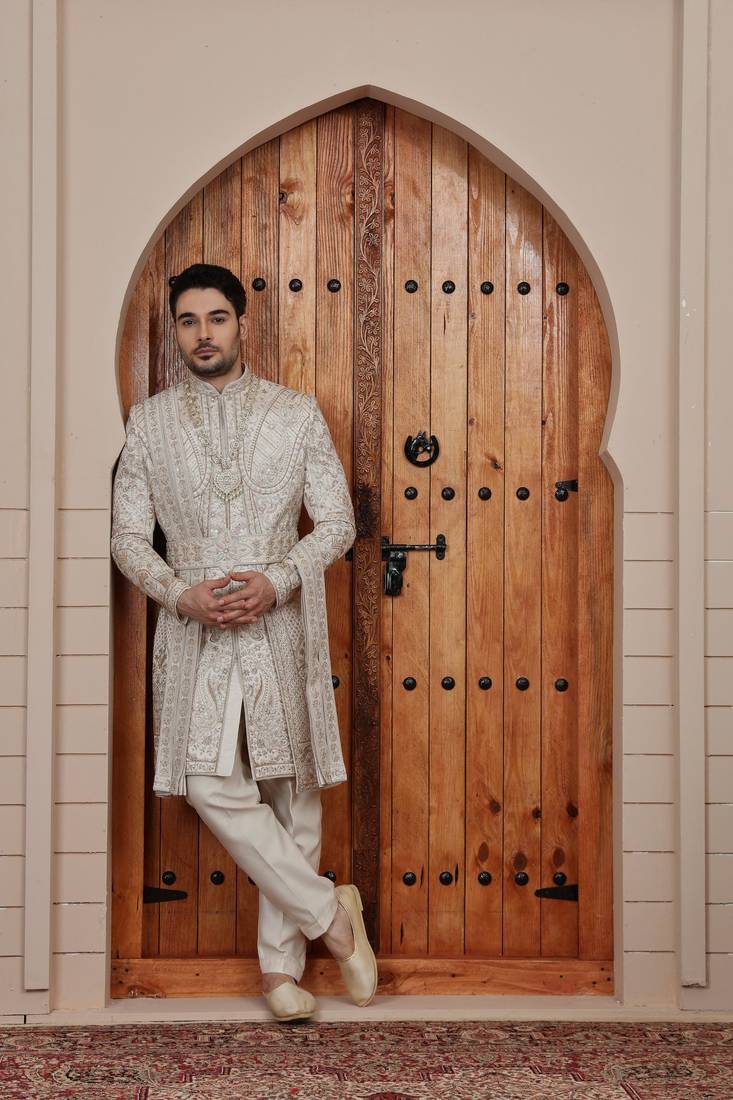 Beige computer thread work on art silk sherwani for men