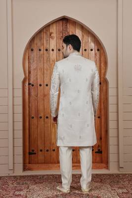 Beige computer thread work on art silk sherwani for men 5