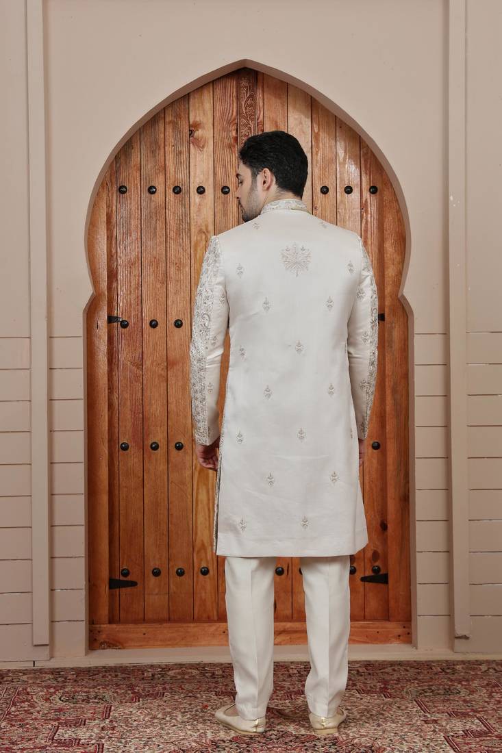 Beige computer thread work on art silk sherwani for men