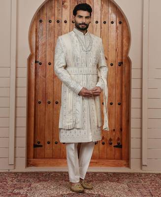 Beige computer thread work on art silk sherwani for men 1