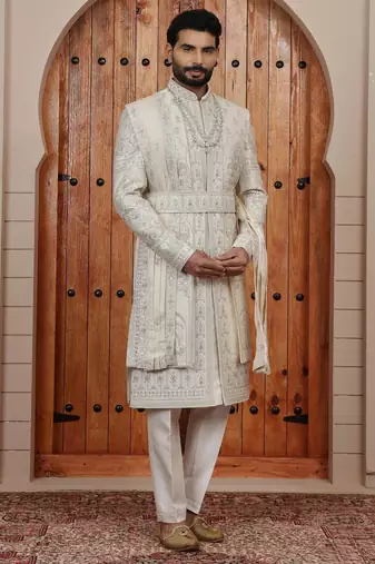 Beige computer thread work on art silk sherwani for men