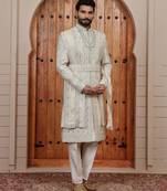 Beige computer thread work on art silk sherwani for men