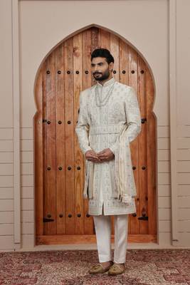 Beige computer thread work on art silk sherwani for men 2