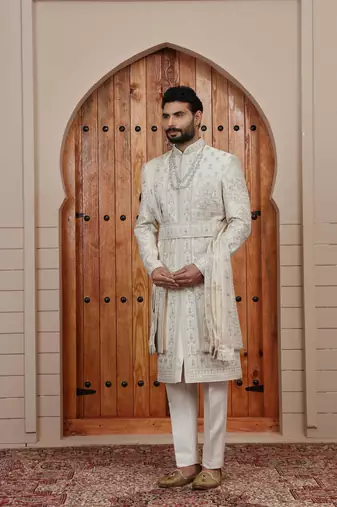 Beige computer thread work on art silk sherwani for men