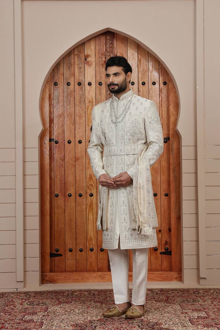 Beige computer thread work on art silk sherwani for men