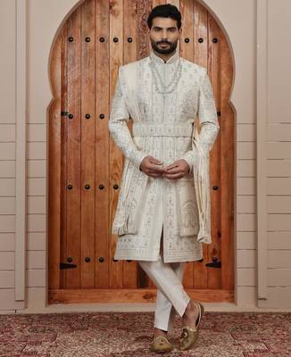 Beige computer thread work on art silk sherwani for men 3