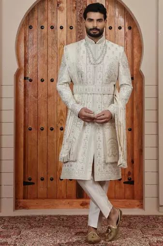 Beige computer thread work on art silk sherwani for men
