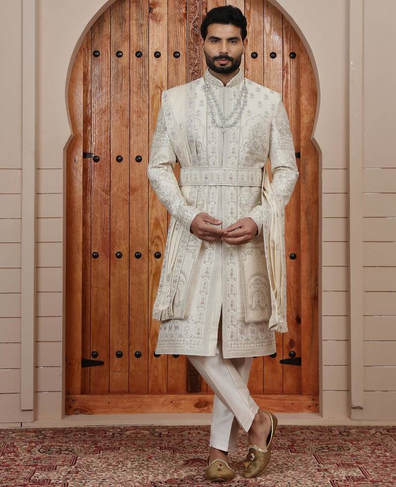 Beige computer thread work on art silk sherwani for men