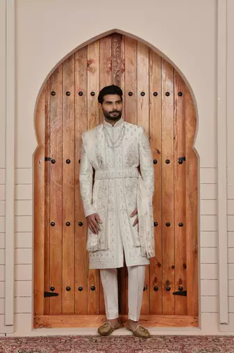 Beige computer thread work on art silk sherwani for men