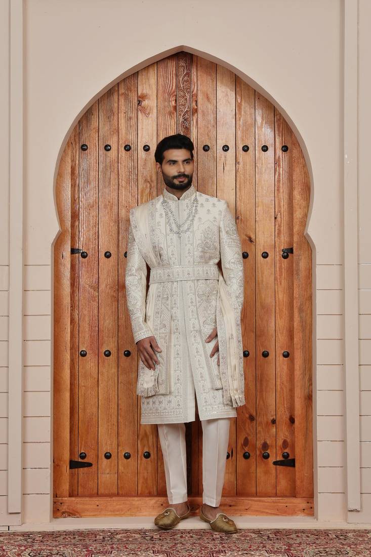 Beige computer thread work on art silk sherwani for men