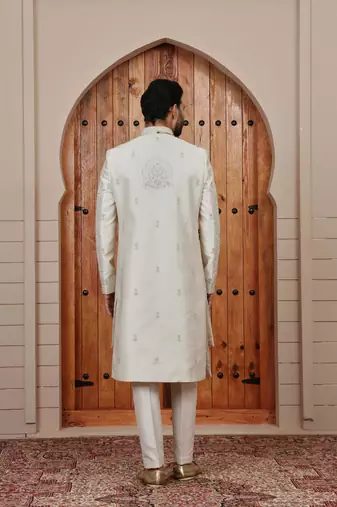 Beige computer thread work on art silk sherwani for men