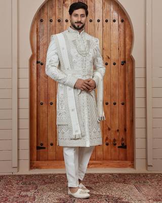 Cream computer thread work on art silk sherwani for men 1