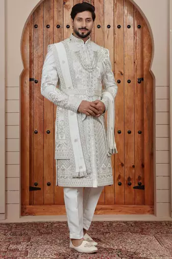 Cream computer thread work on art silk sherwani for men