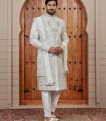 Cream computer thread work on art silk sherwani for men