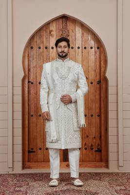 Cream computer thread work on art silk sherwani for men 2