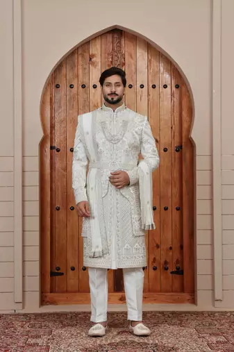 Cream computer thread work on art silk sherwani for men