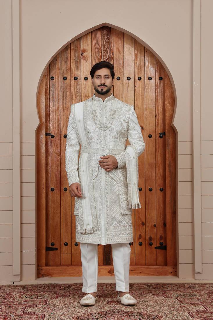 Cream computer thread work on art silk sherwani for men