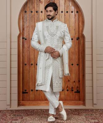 Cream computer thread work on art silk sherwani for men 3