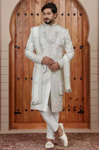Cream computer thread work on art silk sherwani for men