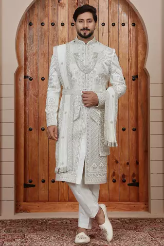 Cream computer thread work on art silk sherwani for men