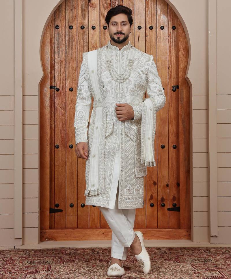 Cream computer thread work on art silk sherwani for men