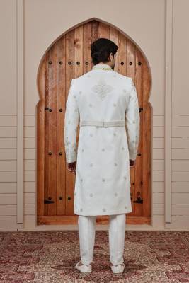 Cream computer thread work on art silk sherwani for men 5