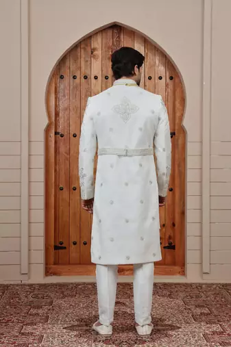 Cream computer thread work on art silk sherwani for men