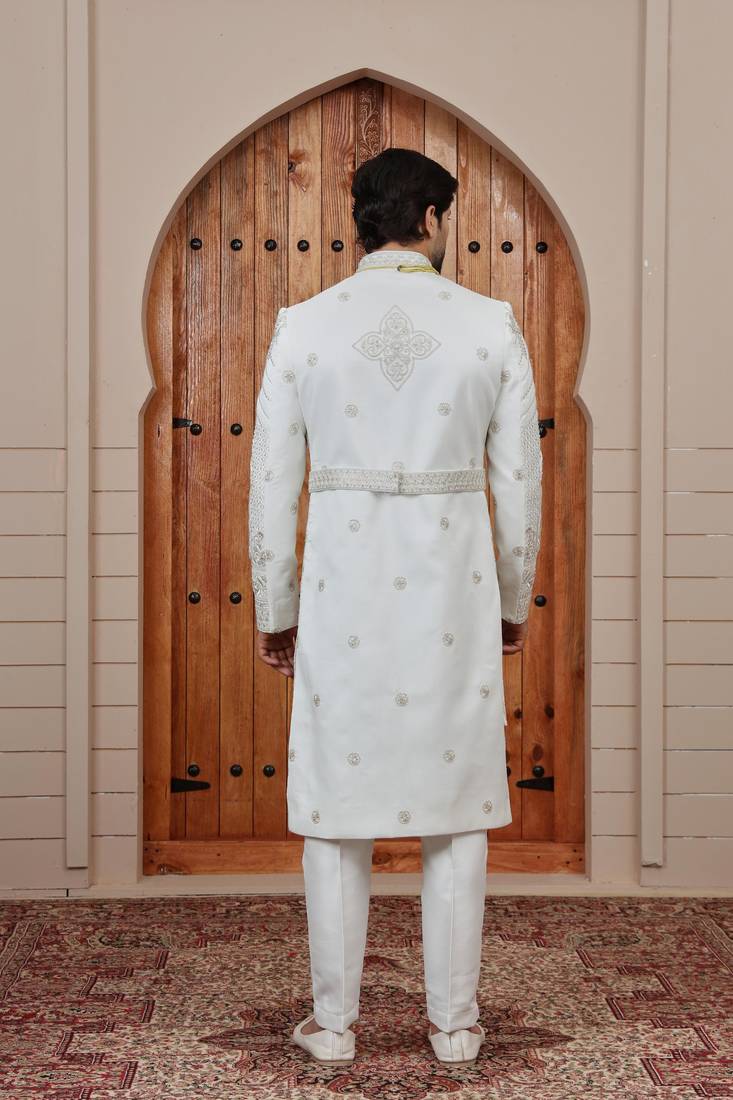 Cream computer thread work on art silk sherwani for men