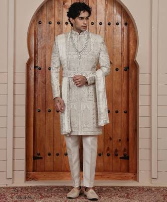Beige computer thread work on art silk sherwani for men 1