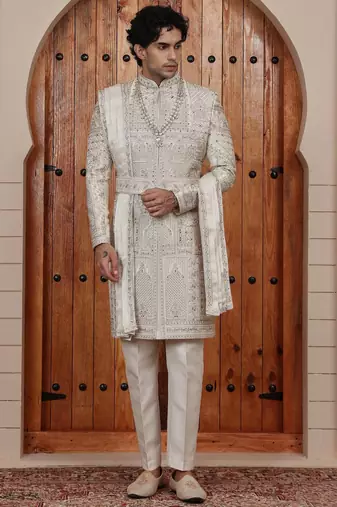 Beige computer thread work on art silk sherwani for men