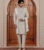 Beige computer thread work on art silk sherwani for men