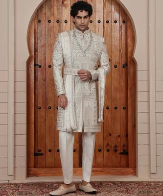Beige computer thread work on art silk sherwani for men 2