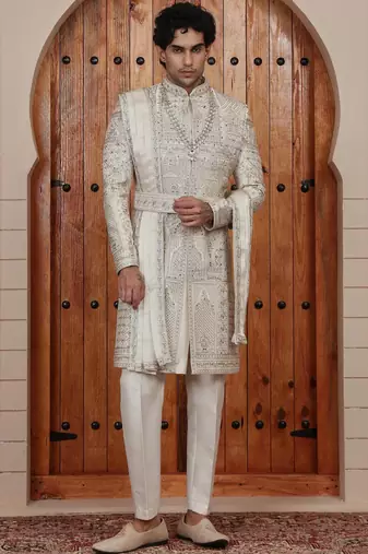 Beige computer thread work on art silk sherwani for men
