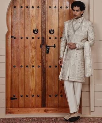 Beige computer thread work on art silk sherwani for men 3