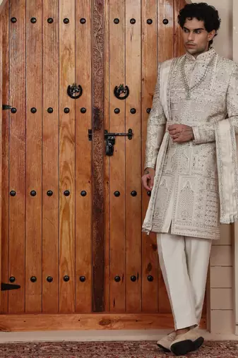 Beige computer thread work on art silk sherwani for men