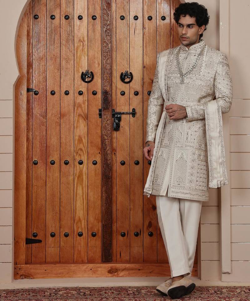 Beige computer thread work on art silk sherwani for men