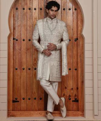 Beige computer thread work on art silk sherwani for men 4