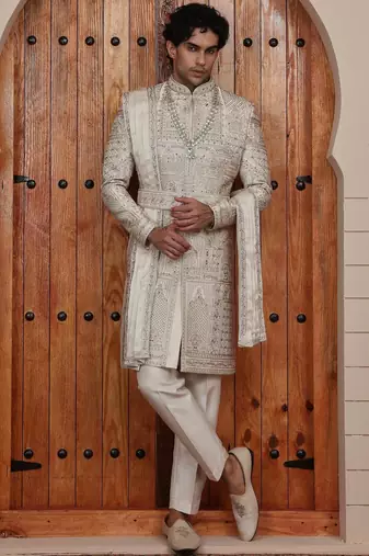 Beige computer thread work on art silk sherwani for men