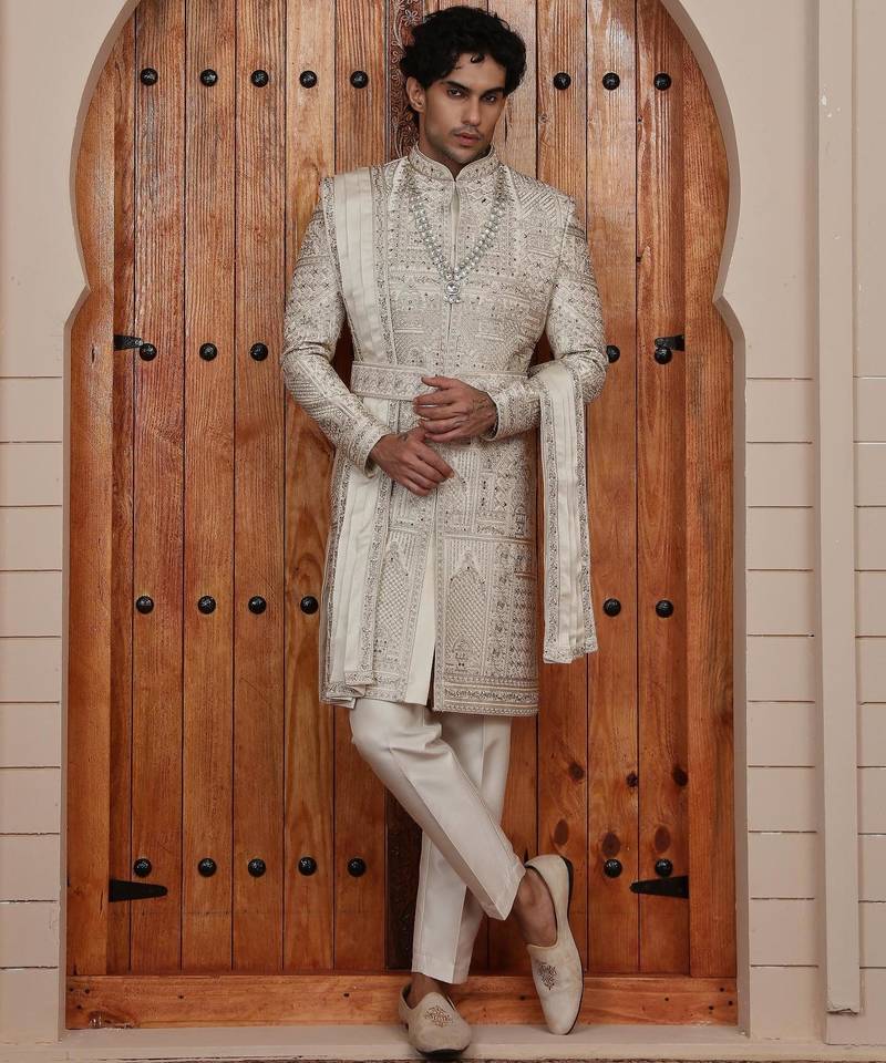 Beige computer thread work on art silk sherwani for men