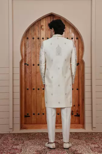 Beige computer thread work on art silk sherwani for men