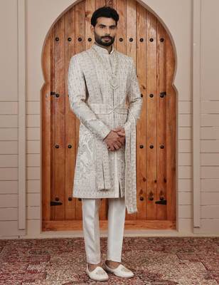 Beige computer thread work on art silk sherwani for men 1