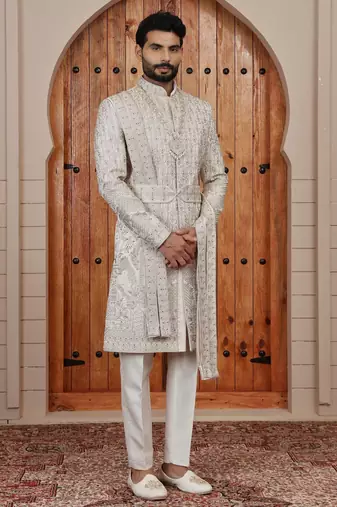 Beige computer thread work on art silk sherwani for men