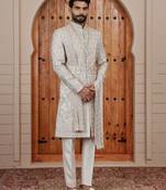 Beige computer thread work on art silk sherwani for men