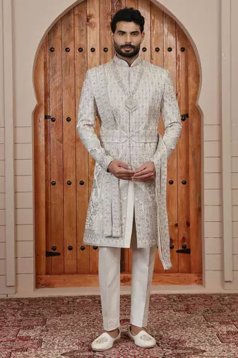 Beige computer thread work on art silk sherwani for men