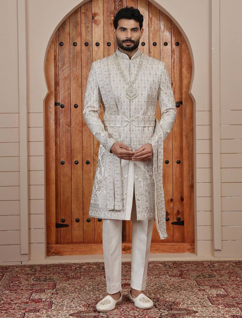 Beige computer thread work on art silk sherwani for men