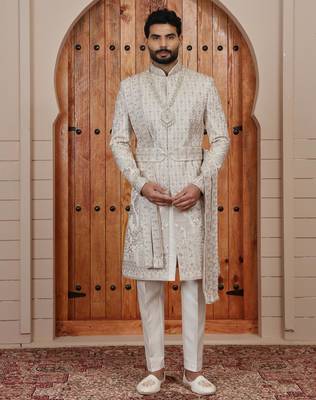 Beige computer thread work on art silk sherwani for men 3