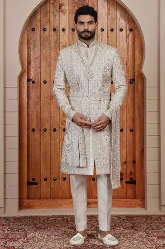 Beige computer thread work on art silk sherwani for men