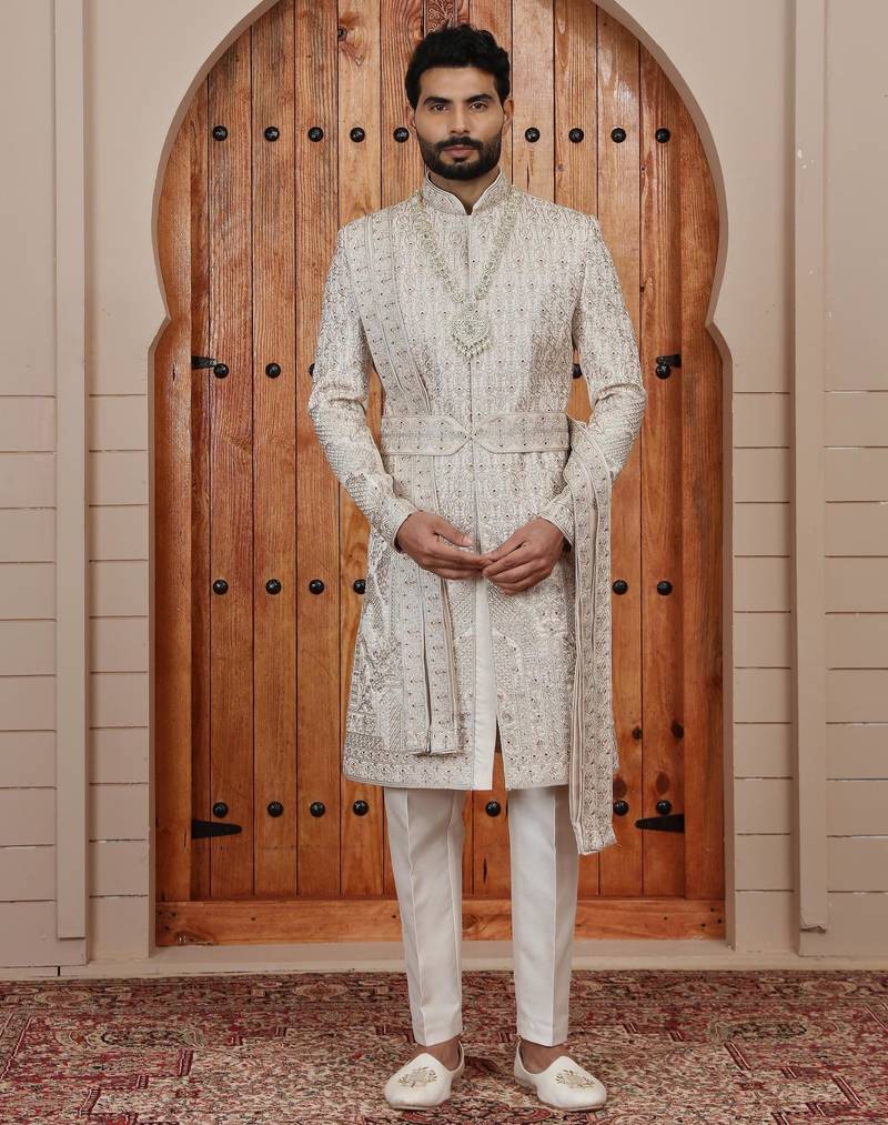 Beige computer thread work on art silk sherwani for men