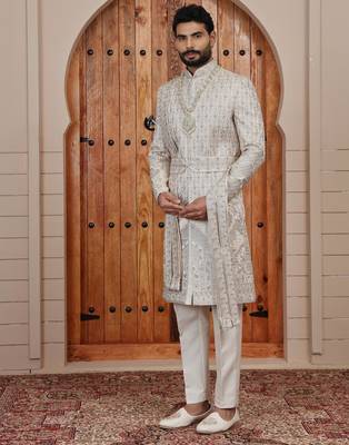 Beige computer thread work on art silk sherwani for men 4